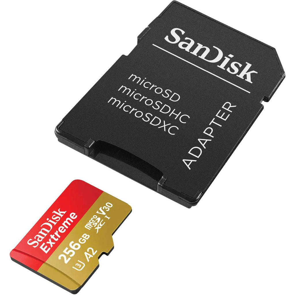 SanDisk Extreme Card de Memorie MicroSDXC 256GB A2 C10 V30 UHS-I U3 + Adaptor SD + 1 An RescuePRO Deluxe